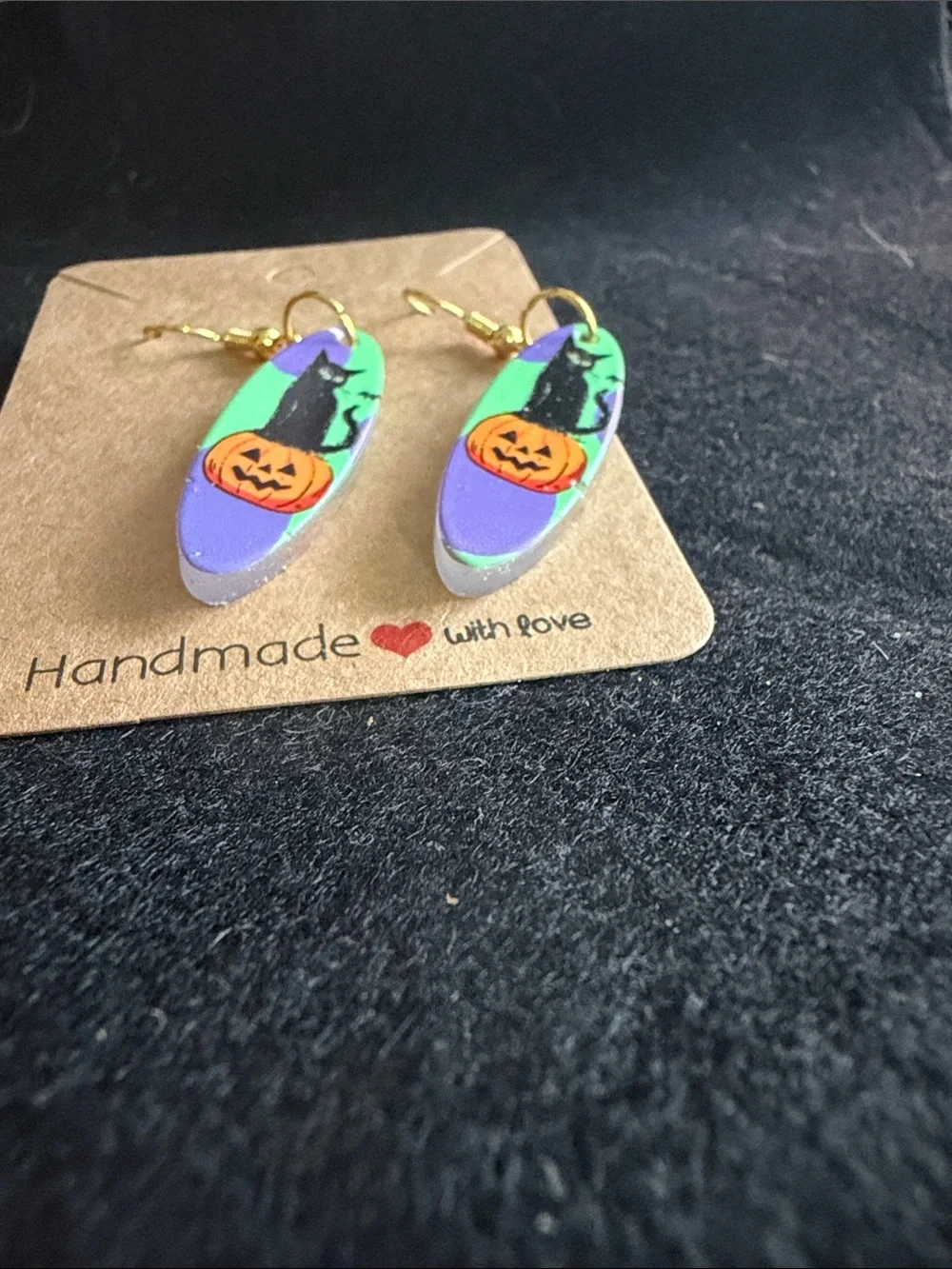 Handmade Halloween Cat & Pumpkin Earrings - Green & Purple